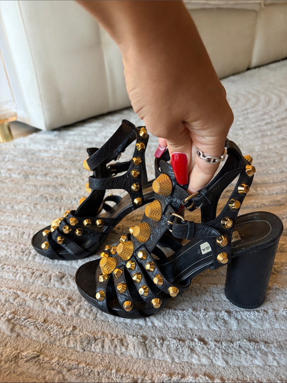 Balenciaga Black Leather Studded Gold-Accent Block Heel Sandals - Picture 5 of 5
